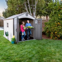 This gable style shed is the perfect option for adding extra storage space for your outdoor equipment. Featuring high-density steel-reinforced, dual-wall polyethylene panels combine with heavy-duty steel trusses you have strength and durability from the ground up. The shed’s stain-resistant exterior keeps you from having to paint, and the panels are also UV-protected to keep from fading and cracking. Whether you’re storing push mowers, bikes or lawn and garden equipment, a 71.3-sq ft storage cap Lifetime Storage Sheds, Shed Floor, Steel Trusses, Resin Storage, Storage Sheds, Garden Equipment, The Shed, Outdoor Equipment, Extra Storage Space