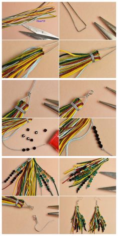 the steps to make a beaded necklace with beads and wire, including two pairs of scissors