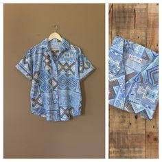 "Authentic vintage short sleeve button down shirt with 90's abstract design and oversized fit. Dates from early to late 90's. This shirt is in great clean condition with little signs of previous wear. Full button down front. Soft 100% cotton. Still has many years of wear left. Measurements (taken zipped/buttoned up and laid comfortably flat) x2 for circumference No Tag Size (Fits like Oversized Large) Shoulders 46\"/48\" Chest 44\" Bottom hem circumference 44\" Sleeve 6\" Top arm circumference 1 Retro Button-up Summer Shirt, Retro Button-up Shirt For Summer, Vintage Button-up Hawaiian Shirt For Summer, Casual Retro Print Button-up Shirt, Casual Camp Shirt With Retro Print For Spring, Retro Relaxed Fit Button-up Shirt, Retro Short Sleeve Shirt With Relaxed Fit For Spring, Relaxed Fit Hawaiian Shirt With Short Sleeves, Retro Relaxed Fit Short Sleeve Shirt For Spring