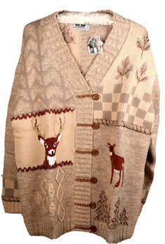 Storybook Knits Large V-Neck Multi-Brown &Tan Cardigan Deer Sweater New with tags Still in the cellophane bag, only removed for photos, never worn shoulder to shoulder 19" Chest 23 1/2" Length 27 1/2" Hem 22" Sleeve 22" In mint condition, packed away for years This is part of my late sister's clothing collection Deer Clothes, Tan Cardigan Outfit, Autumn Coquette, Wishlist Board, Deer Sweater, Deer Outfit, Storybook Knits, Tan Cardigan, Cardigan Outfit