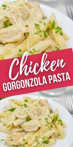 chicken gorgonzonola pasta on a white plate