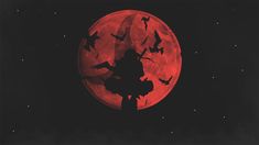 a red full moon with bats flying in the night sky and stars on the ground