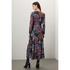 Black floral satin (52% Viscose, 48% Rayon). A-line. Long sleeves. Crewneck. Front zipper closure. 55" from shoulder to hemline. Imported. Formal Multicolor Floral Print Midi Dress, Black A-line Floral Dress, Floral Print A-line Midi Dress For Evening, Floral Print Fit And Flare Midi Dress For Evening, Evening Floral Print Fit And Flare Midi Dress, Evening A-line Midi Dress With Floral Print, Formal Floral Print Maxi Dress For Fall, Formal Fall Floral Print Maxi Dress, Fall Printed A-line Midi Dress