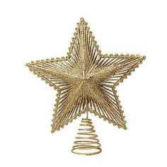 a gold christmas tree topper with spirals and stars on the side, in front of a white background