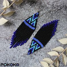 Bohemian Blue Beaded Earrings With Black Beads, Blue Bohemian Beaded Earrings With Black Beads, Seed Bead Earring, Beaded Patterns, Native American Beadwork Patterns, Blue Beaded Earrings, Beaded Earrings Native, Bead Earring, Bracelets Handmade Diy