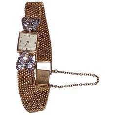 Vintage 18k gold ladies wrist watch, square face with gold weave chain band with diamond and ceylon sapphire encrusted details, clasp closure with security chain, stamped and numbered. circa 1940 Wrist band measures 7" around Ladies Wrist Watch, Square Face, Woven Chain, Ceylon Sapphire, Wrist Band, Square Faces, Women Wrist Watch, Gold Diamond, Wrist Watch