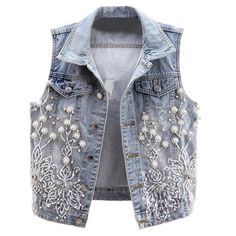 Beaded Denim, Waistcoat Fashion, Womens Denim Vest, Denim Waistcoat, Sleeveless Coat, Fall Jeans, Denim Chic, Jean Vest, Sleeveless Cardigan