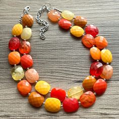 💞One of a kind & ready to ship💞  Shades of Fall! A mix of Earthy neutrals create a chunky statement look for your favorite season. All acrylic beads make this extremely lightweight 😍  About 16 inches long with a 4 inch extender chain. Silver chain and lobster clasp.  *Smoke and pet free home!* I ship 6 days a week.   Thank you for browsing my store! Earthy Neutrals, Fall Cardigan, Autumn Necklace, Jaune Orange, Necklace Red, Chain Silver, Favorite Season, Necklace Beaded, Acrylic Beads