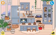 a cartoon kitchen with blue cabinets and wooden floors, including an oven, sink, stove top