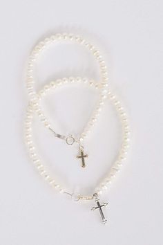 Freshwater Pearl Bracelet w/ Cross Strasburg Children Pearl Cross Necklace, White Pearl Bracelet, Necklaces And Bracelets, Pearl Collection, Freshwater Pearl Bracelet, Cross Bracelet, Seed Pearl, White Gift Boxes, Matching Necklaces