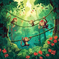 three monkeys hanging on a rope in the middle of a jungle with flowers and leaves