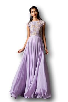 Featured in georgette fabric in lavender color. Yoke part is in raw silk fabric with hand embroidery. Can be customised in any color of your choice. Purple Floor-length Gown With Floral Embroidery, Fitted Georgette Gown With Intricate Embroidery, Fitted Gown With Intricate Embroidery In Georgette, Chiffon Floor-length Gown With Fitted Bodice, Chiffon Gown With Fitted Bodice, Floor-length, Purple Floral Embroidered Evening Gown, Purple Gown With Floral Embroidery For Evening, Purple Evening Gown With Floral Embroidery, Purple Formal Dress With Sheer Bodice