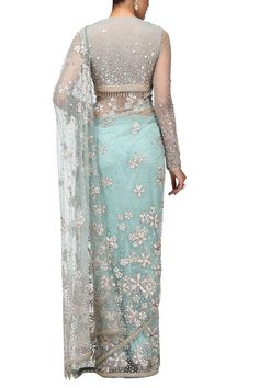 Featuring an aqua saree tailored in tulle and sheer silk with resham and cut tube embroidery all over. Blue Designer Saree, Curated Outfit, Designer Sarees Collection, Fancy Wedding Dresses, Red Lehenga, Designer Sarees Online, Latest Sarees, Indian Embroidery, Net Fabric