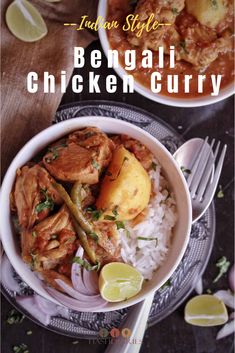 two bowls filled with chicken curry next to rice and lime wedges on the side