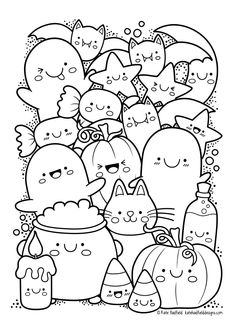 a black and white coloring page with lots of cats in pumpkins, bats and balloons