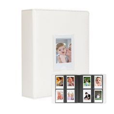 a photo album with multiple photos on the front and back cover, in white leather