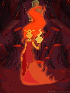 the little mermaid is standing in front of an orange flame