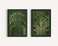 two green and gold art deco paintings hanging on the wall in front of a white wall