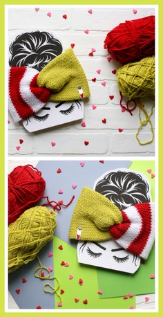 two pictures with yarn on top of each other and hearts in the air above them