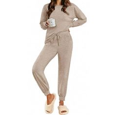 Fantaslook Womens Pajamas Sets Long Sleeve Top And Pant With Pockets Lounge Wear Set Oufits Womens lounge set designed with long sleeve tops, adding a casual and stylish style.The solid color and crew neck make womens pajamas sets more home leisure.The regular hem and long sleeve gives womens pajamas & loungewear a flattering and feminine fit.This pajama sets with cross stitching "X" design under the neckline makes you statement. Full length pajama pant with elastic waistband, features loose fit Outfit Sets For Women, Womens Lounge Set, Womens Lounge, Two Piece Loungewear, Lounge Wear Sets, Womens Matching Sets, Knit Lounge Set, Womens Loungewear Sets, Coffee Outfit