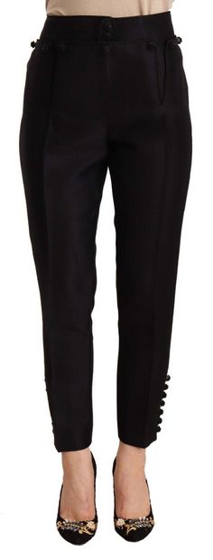 Dsquared² Black Button Embellished Cropped High Waist Pants - Ellie Belle Black Cropped Trousers, Black Chino Pants, Black Chinos, High Waist Pants, Cropped Trousers, Fashion Outlet, Large Fashion, Waist Pants, Black Button