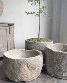 three cement planters sitting next to each other on the floor in front of a white wall