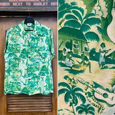 Vintage 1950's "Shaheen's" Rare Cartoon Natives Pattern Silk Hawaiian Shirt. Tag Size M. Please check the measurements below.  Very good condition. The label is  "Shaheen's of Honolulu".  Original 1950's.  Loop collar Hawaiian shirt with native Hawaiian life scenes.  Original coconut buttons. All Sales Final.   Please ask any questions before purchase.   Take a look at our Store for more Vintage Clothing - VintageOnHollywood.   MEASUREMENTS  Shoulder to Shoulder: 18 1/2" Underarm to Underarm: 23 Vintage Green Cotton Hawaiian Shirt, Vintage Printed Cotton Camp Shirt, Vintage Hawaiian Shirt With Vintage Print, Vintage Cotton Hawaiian Shirt With Vintage Print, Vintage Green Hawaiian Shirt For Summer, Vintage Green Short Sleeve Camp Shirt, Retro Green Printed Hawaiian Shirt, Vintage Cotton Collared Hawaiian Shirt, Vintage Cotton Camp Shirt With Vintage Print