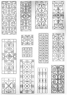 the different types of wrought iron screens are shown in black and white, as well as some