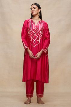 Rani pink A-line kurta with gota embroidered in geometric pattern. - Aza Fashions Kurta Women, Rani Pink, Kurta Patterns, Kurta For Women, A Line Kurta, Types Of Work, Suits Design, Embroidery Suits Design, Embroidery Suits