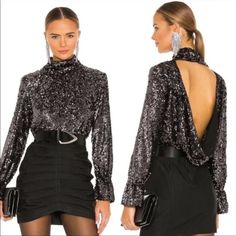 Free People Moonstruck Sequin Open Back Top In Black Combo Black Sequin Top, Sequin Blouse, Free People Blouse, Free People Tunic, Layered Tops, Free People Black, Puff Sleeve Top, Sequin Top, Print Tunic