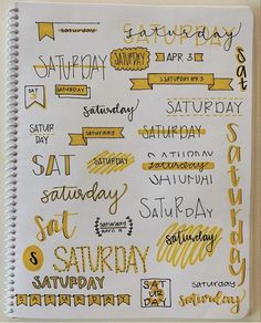 a spiral notebook with yellow and black lettering on the cover that says saturday, saturday, saturday