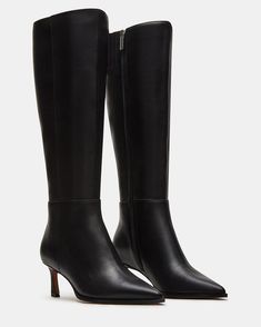 Formal Wide Calf Mid-calf Heeled Boots, Wide Calf Low Heel Knee-high Boots For Work, Wide Calf Knee-high Boots With Low Heel For Work, Fitted Mid-calf Boots With Low Heel For Workwear, Elegant Medium Width Mid-calf Knee-high Boots, Formal Fitted Mid-calf Boots With Low Heel, Chic Pointed Toe Knee-high Boots, Office Knee-high Boots With Pointed Toe, Wide Calf Pointed Toe Knee-high Boots For Office