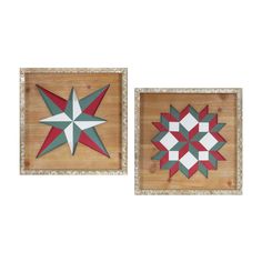 two wooden wall hangings with red and green star designs on the sides, one in wood