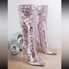 Rebellious Rose | Shoes | Womens Kneehigh Boots | Poshmark Glamorous Summer Party Boots, Silver Sequined Boots For Party, Pink Sparkling Boots For Party, Trendy Fitted Silver Heels, Silver Sequined Party Boots, Pink Sparkling Party Boots, Sparkling Pink Party Boots, Silver Sequined Boots For Night Out, Silver Sequined High Heel Boots