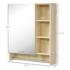 an image of a bathroom medicine cabinet with the measurements for it's doors and shelves