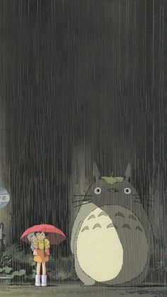 a person holding an umbrella standing in the rain with a totoro behind them