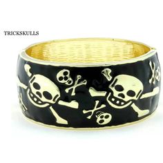 Black Enamel Gold Tone Punk Goth Biker Hinged Cuff Bangle Bracelet New! This Black Enamel Skulls Cuff Bracelet Is A Popular Modern Style Similar To Current Alexander Mcqueen Designs. It Has A Width Of 1 1/4” Inches, A Diameter Of 2 1/4” Inches And A Circumference Of 7 1/2 “ Inches. The Hinge Closure Allows For Some Adjustability And The Color Combo Makes It A Versatile Piece. See Our Other Listings For The White Version Of This Item. Ships Free New And Sealed! See Our Other Listings For Skulleri Alexander Mcqueen Designs, Goth Biker, Alt Clothes, Gold Link Bracelet, Digital Closet, Gems Bracelet, Goth Jewelry, Tourmaline Bracelet, Sterling Bracelets