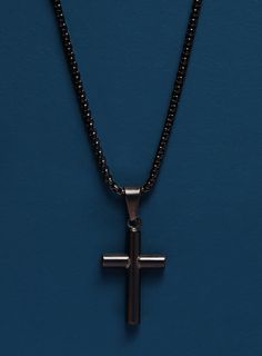 Men's Cross Necklace - Back Stainless Steel Medium Cross on Venetian Round Box Chain Chain: 2mm Venetian Round Box. Chain: Black Powder Coated 316L Stainless Steel Pendant: 15mm x 25mm Pendant: Black Powder Coated 316L Stainless Steel Clasp: Lobster Black Cross Necklace, Mens Cross Necklace, Mens Crosses, Cross Chain, Black Cross, Round Box, Stainless Steel Pendant, Twin Flame, Black Stainless Steel