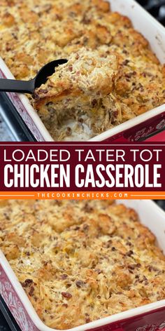 Try this Loaded Tater Tot Chicken Casserole! It's so tasty, savory, and packed with flavor. This comfort food recipe is perfect for a warm and cozy dinner idea for your family. With the combination of shredded chicken, tater tots, bacon, ranch, and more, it burst with flavor in every bite! Tater Tot Chicken Casserole, Chicken Tater Tots, Loaded Tater Tot, Best Chicken Casserole, Chicken Tater Tot Casserole, Main Dish Casseroles, Ground Beef Dishes