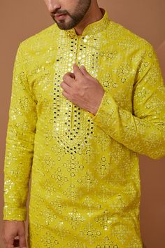 Bright yellow silk kurta with thread and mirror hand embroidery. Comes with pant. - Aza Fashions Yellow Raw Silk Salwar Kameez With Mirror Work, Yellow Traditional Wear With Mirror Work In Raw Silk, Yellow Raw Silk Traditional Wear With Mirror Work, Yellow Raw Silk Set With Mirror Work, Yellow Sets With Mirror Work For Eid, Pista Green Kurta With Mirror Work For Eid, Yellow Churidar With Mirror Work Traditional Drape, Yellow Chanderi Kurta With Mirror Work, Yellow Churidar With Mirror Work