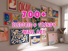 there are many pictures on the wall with words over them that read 700 + electric and trendy wall art