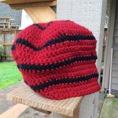 Handmade Beanie Hat. Red Beanie Hat, One Size Fits Most, Red Beanie Hat One Size Fits Most, Black Slouchy Crochet Hat, Red One Size Beanie Hat, Red Crochet Hat With Adjustable Short Brim, Red One Size Crochet Beanie Hat, Red Crochet Wide Brim Hat, Red Wide Brim Crochet Hat, Red Slouchy Hat For Winter