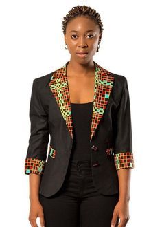 Hadja Women Workwear African Print Blazer - Black / Red Fitted Black Cotton Blazer, Elegant Black Cotton Blazer, Black Cotton Workwear Blazer, Black Cotton Blazer For Work, Fitted Red Blazer For Office Wear, Red Cotton Workwear Blazer, Red Cotton Blazer For Work, Fitted Cotton Blazer For Work, Ankara Blazers For Women