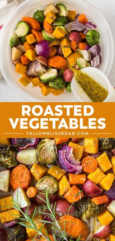 roasted vegetables in white bowls with text overlay that reads roasted vegetables yellow bliss road com