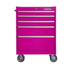 This 26-inch 5-drawer rolling cabinet by The Original Pink Box® is built tough from high quality powder coated 18 gauge steel. The powder coated finish resists wearing better than other finishes. Each drawer holds up to 100 pounds and glides smoothly on soft close, ball bearing slides. Attractive full length aluminum drawer pulls are sturdy and easy to grip. The 7-pin cam lock secures all 5 drawers internally at their slides with the turn of just one key, making it difficult to pry or pick open. Pink Tool Box, Rolling Cabinet, Tool Cabinets, Pink Tools, Drawer Glides, Steel Locker, Tool Cabinet, Tool Chest, Pink Box