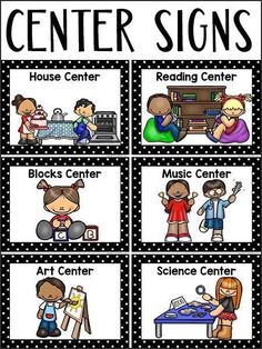 the center signs are in black and white with polka dots on them, which include children playing