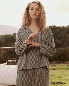 The Pajama Shirt. -- Horizon Stripe SLEEP TOP THE GREAT. FALL 24 SLEEP Dark Academia Pajamas, References Men, Vintage Pajama, Pajamas Aesthetic, Vintage Pajamas, Cozy Moments, Pajama Pant, Pajama Shirt, Pajama Top