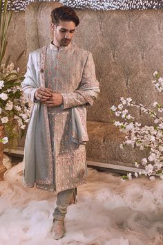 Bindani By Jigar And Nikita-Ice Blue Embroidered Sherwani And Shawl-INDIASPOPUP.COM Blue Sherwani, Embroidered Sherwani, Modern Groom, Dhoti Pants, Embroidered Border, Nehru Jackets, Silk Shawl, Mens Accessories Jewelry, Sequins Embroidery