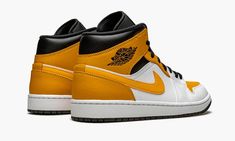 The Air Jordan 1 Mid “University Gold” is a summer-ready colorway of the amid-top version of Michael Jordan’s first signature shoe.  Appearing on the popular mid silhouette of the Jordan 1, the “University Gold” features warm University Gold leather detailing on the perforated toe, eyelets, mid-panel, collar, and heel.  The same golden hue of leather appears on the Swoosh branding on both sides of the shoe and on the Jumpman insignia on the black nylon tongue tag.  A black “Wings” logo can be fo 70s Converse, Nike X Travis Scott, Sport Nike, Low Air Jordan 1, Converse Run Star, Jordan 8, Exclusive Sneakers, Jordan 2, Nike Dunk High