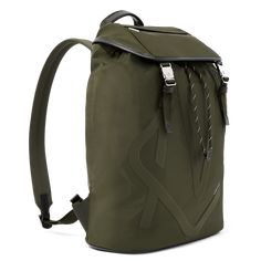 the back pack is green and has black straps